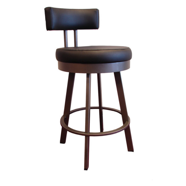 A black stool with a back and seat.