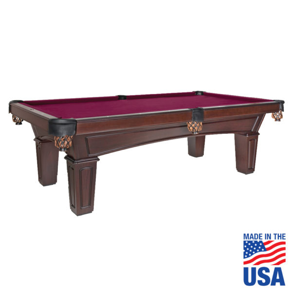 A pool table with red cloth and wooden legs.