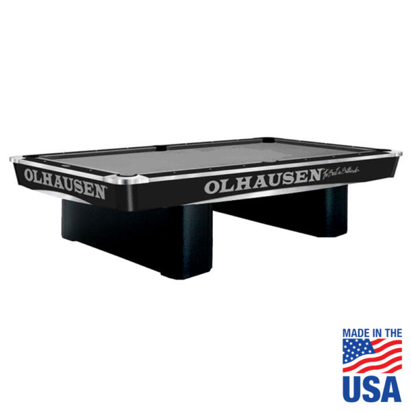 A black pool table with an american flag on the side.