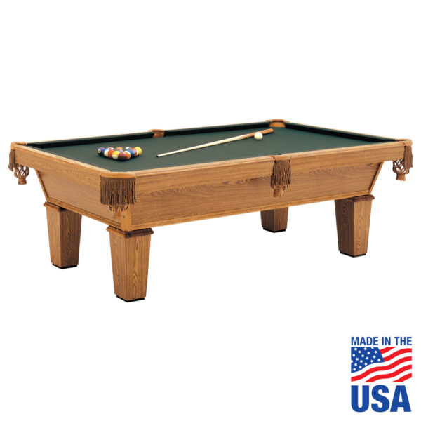 A pool table with green cloth and wooden legs.