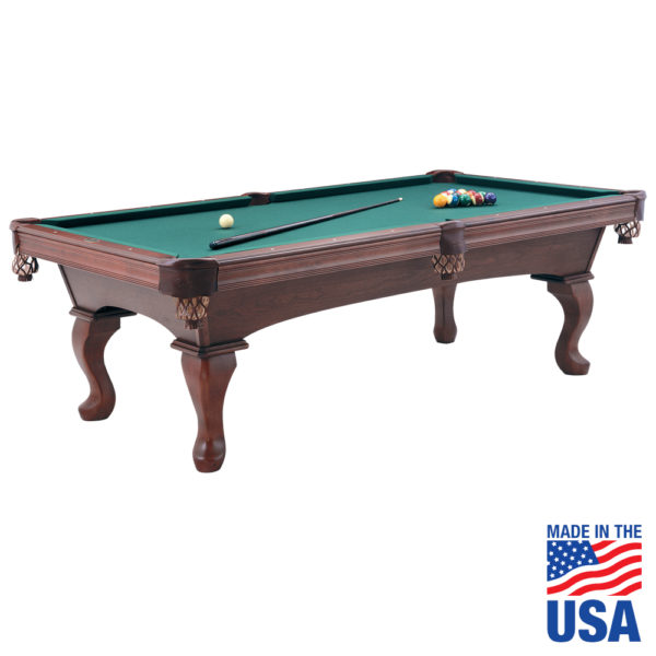 A pool table with green cloth and wooden legs.