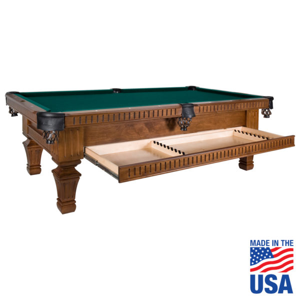 A pool table with an open drawer on the side.