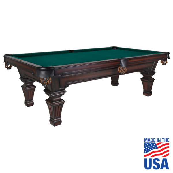 A pool table with green cloth on top of it.