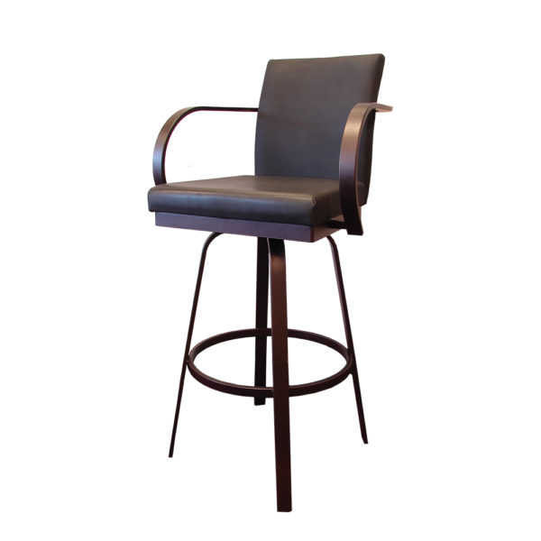 A black leather bar stool with arms and back.