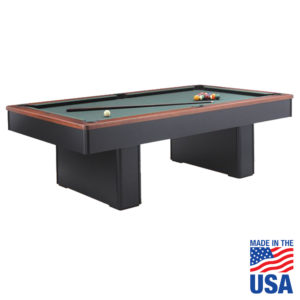 A pool table with an american flag on the side.