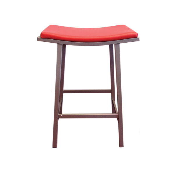 A red stool with wooden legs and cushion.