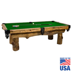 A pool table with green cloth and wooden frame.