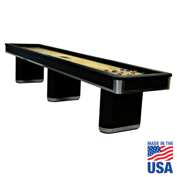 A black table with a wooden top and metal legs.