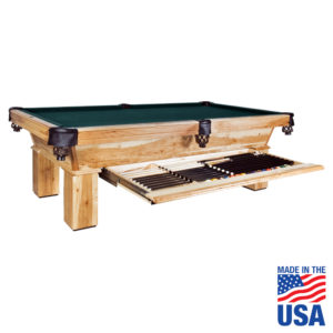 A pool table with an open drawer and a made in usa logo.