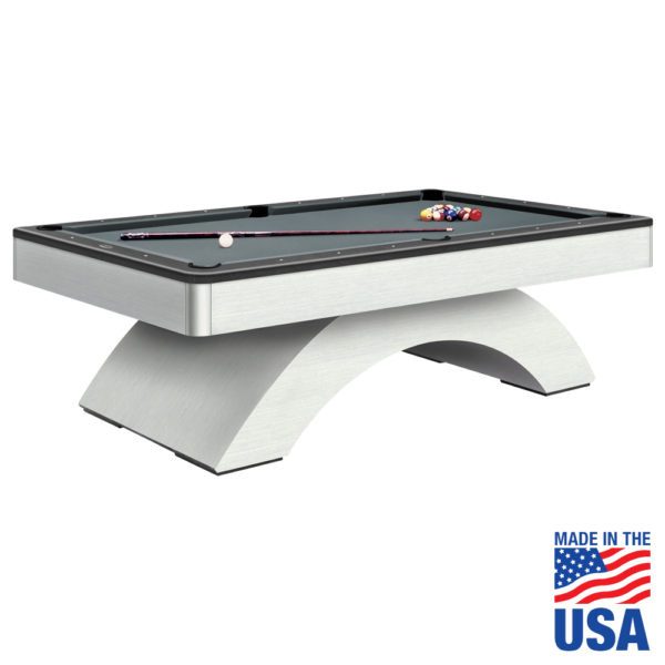 A white pool table with black cloth and a made in usa logo.