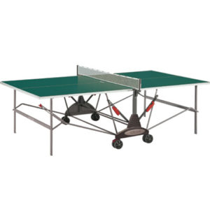 A table tennis table with wheels and a green top.