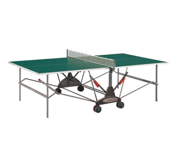 A table tennis table with wheels and a green top.