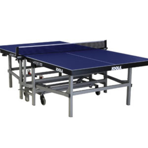 A table tennis table with two paddles and one ball.