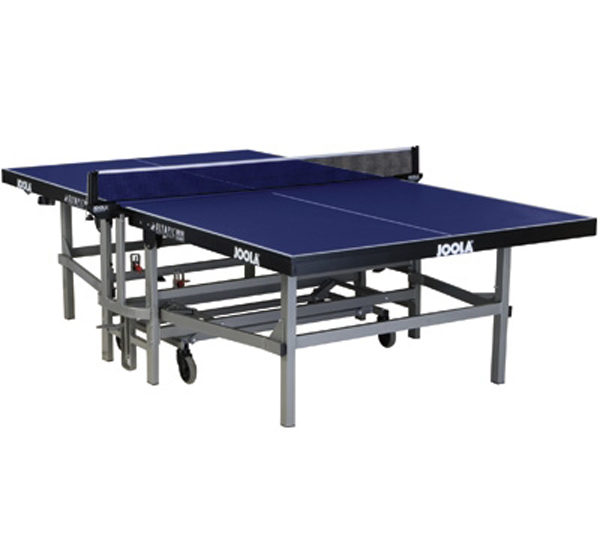 A table tennis table with two paddles and one ball.