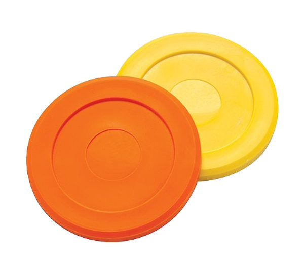 A yellow and orange frisbee are sitting on top of each other.