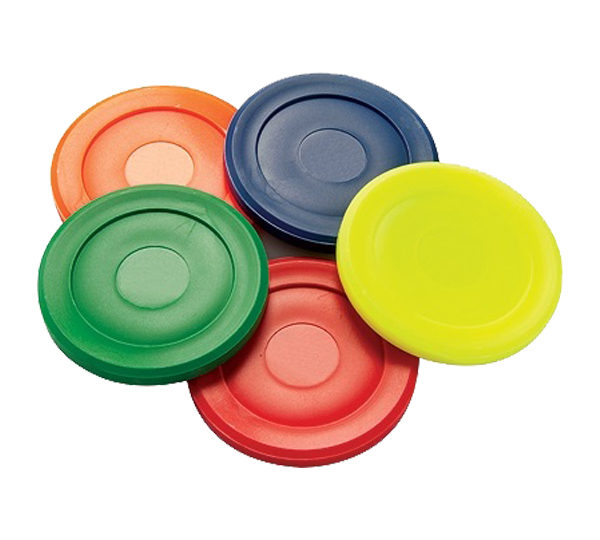 A group of six different colored frisbees.