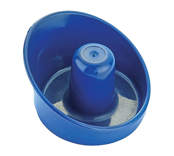 A blue bowl with a plastic lid on top of it.