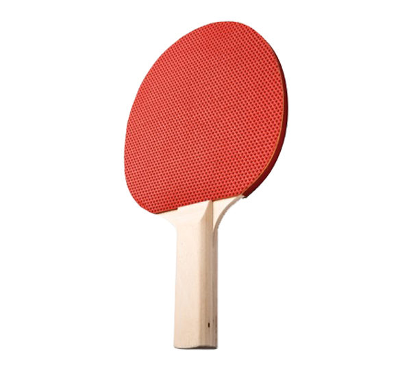 A red ping pong paddle on top of a white table.