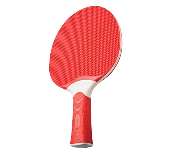 A red and white table tennis racket on a white background