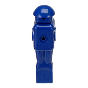 A blue robot toy is standing up.