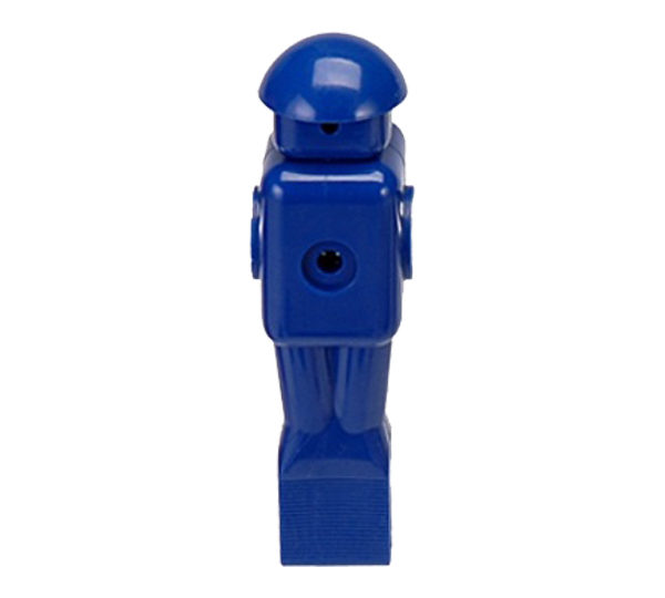 A blue robot toy is standing up.