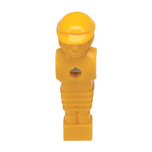 A yellow statue with a helmet on it.