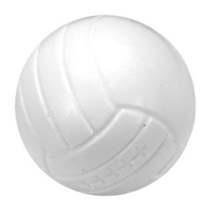 A white volleyball is shown on the ground.