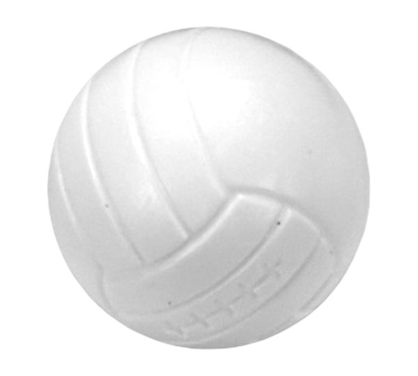 A white volleyball is shown on the ground.