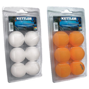 A package of six ping pong balls in white and orange.