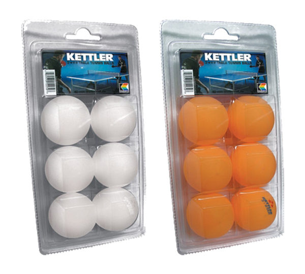 A package of six ping pong balls in white and orange.