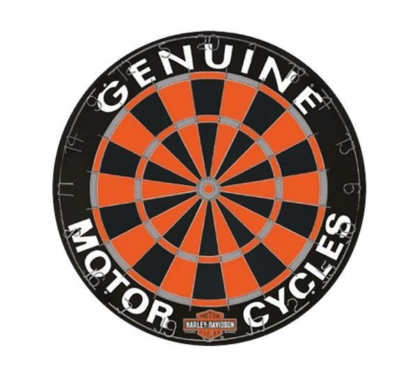 A black and orange motorcycle sign with a dart board.