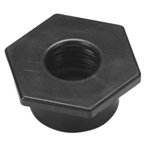 A black plastic nut with a hole in the center.