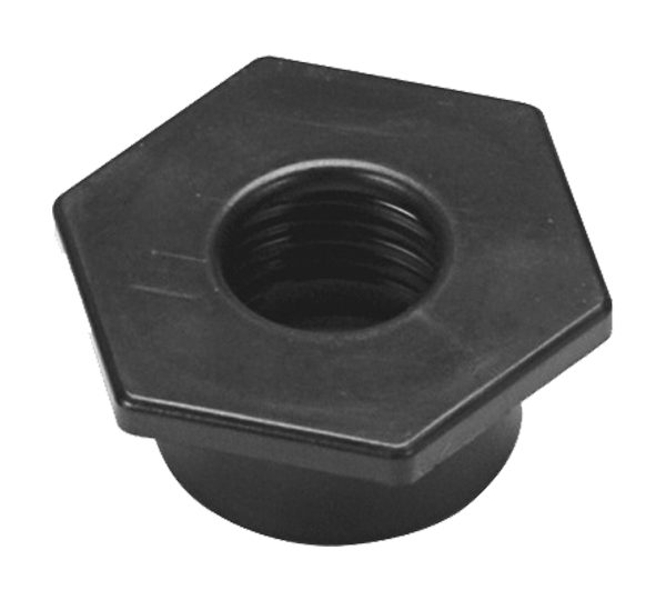 A black plastic nut with a hole in the center.