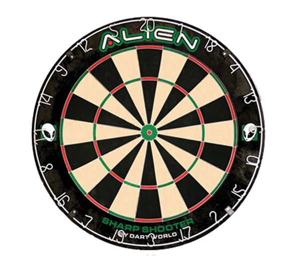 A black and white dartboard with the word alien written on it.