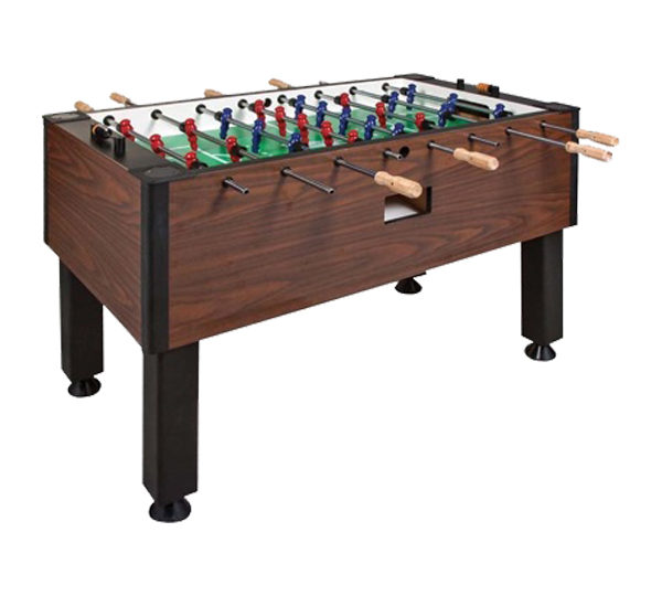 A foosball table with wooden handles and black legs.