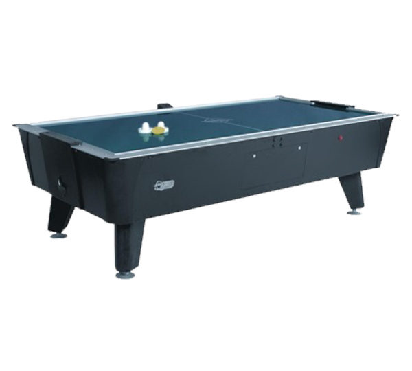 A black pool table with three balls on the side.