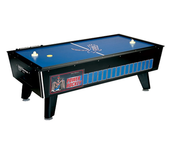 A air hockey table with blue top and black legs.