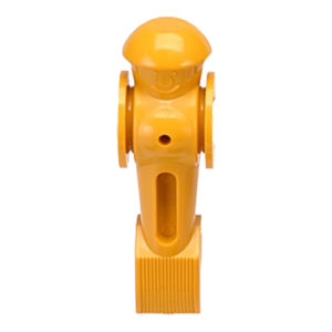 A yellow fire hydrant with a square base.