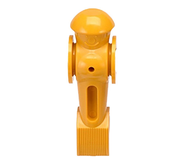 A yellow fire hydrant with a square base.