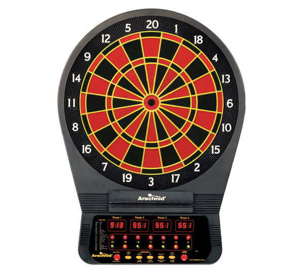 A black and red dartboard with six darts.