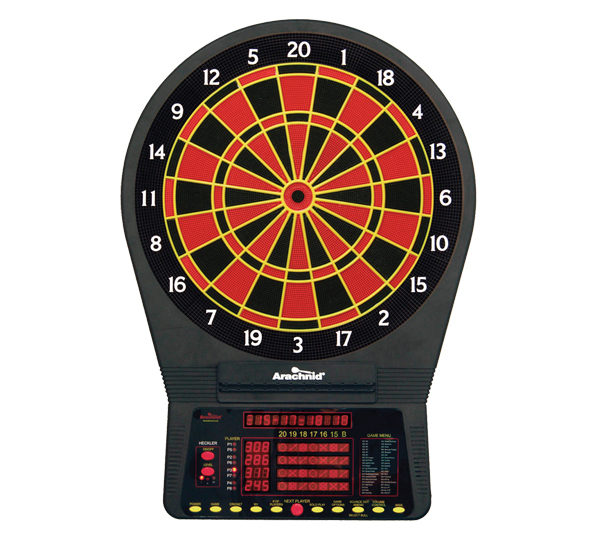 A black and red electronic dart board with a number display.