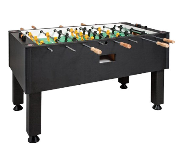 A foosball table with wooden handles and black legs.