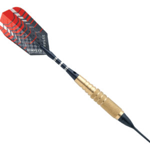 A black and gold plastic dart holder with red tips.