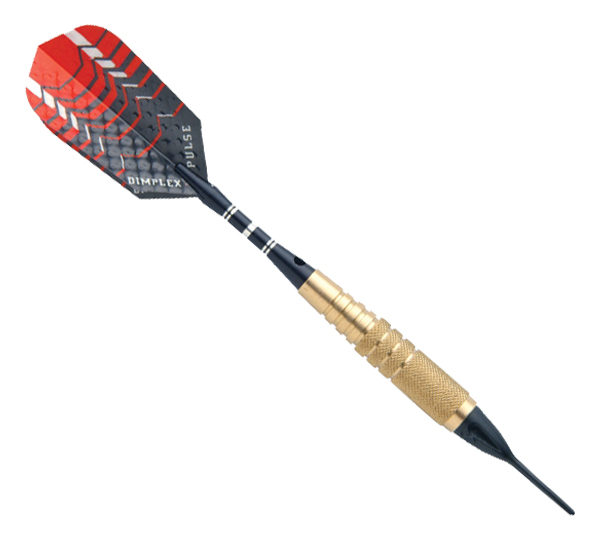 A black and gold plastic dart holder with red tips.