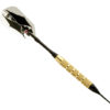 A black and gold metal dart holder with one side open to show the darts.