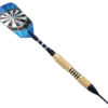 A blue and white dart board with two wooden darts.