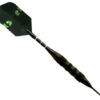 A black and green plastic dart holder with two darts.