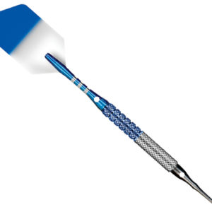 A blue and white dart with a tip of the same color.