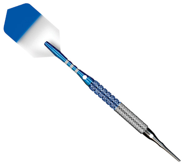 A blue and white dart with a tip of the same color.