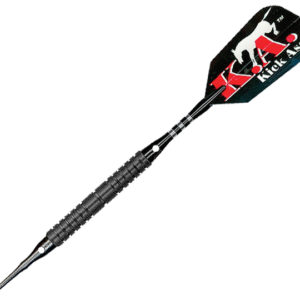 A black and red bull logo on a black and silver colored plastic bat.